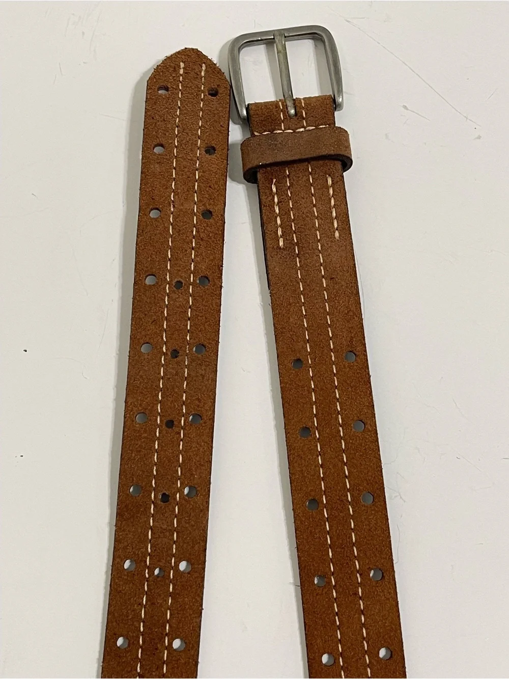 Brown Suede Leather Belt Perforated Contrast Stitching Gun Metal Buckle Youth 27
